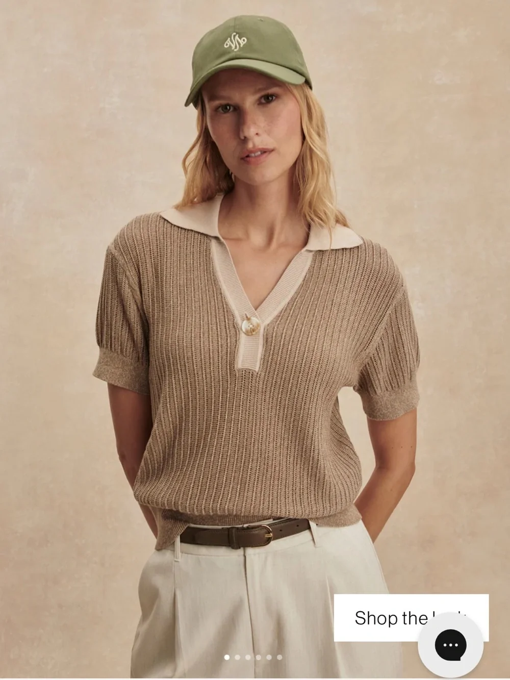 NWT🌷Varley Perrine Taupe Knit Polo V-Neck Short Sleeve Sweater